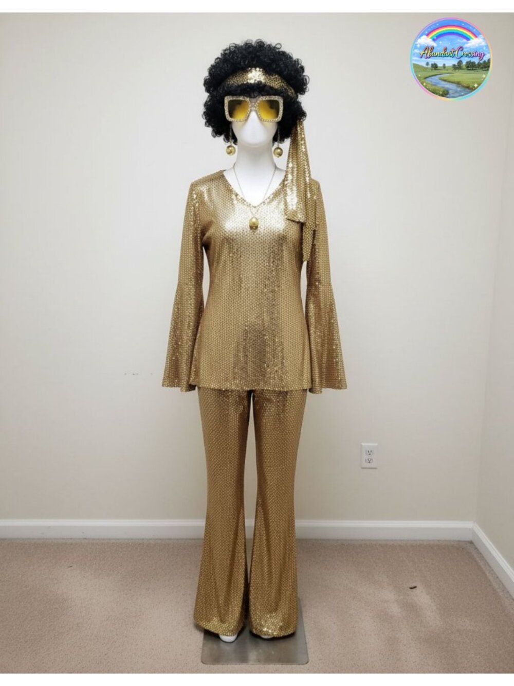 Womens 70s Disco Costume Set Flared Pants Hood Top Adult Halloween Party